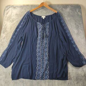 Susan Graver Women’s Embroidered Tunic Top‎ 2X Navy Boho Rayon Peasant Blouse